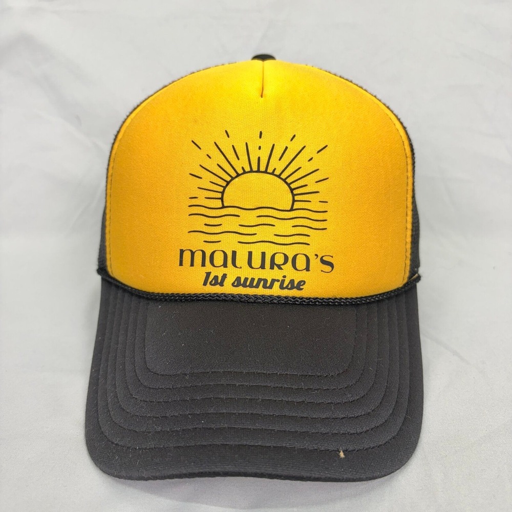 Otto Trucker Hat Malura's 1st Sunrise Mens OSFA Black Yellow Snapback Cap